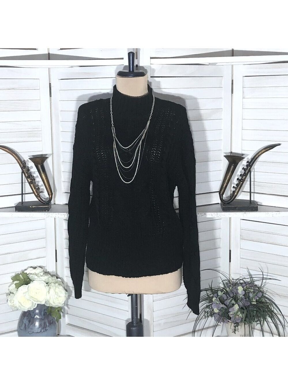 American Rag Cie sweater black chunky cable knit turtleneck goth whimsigoth ski